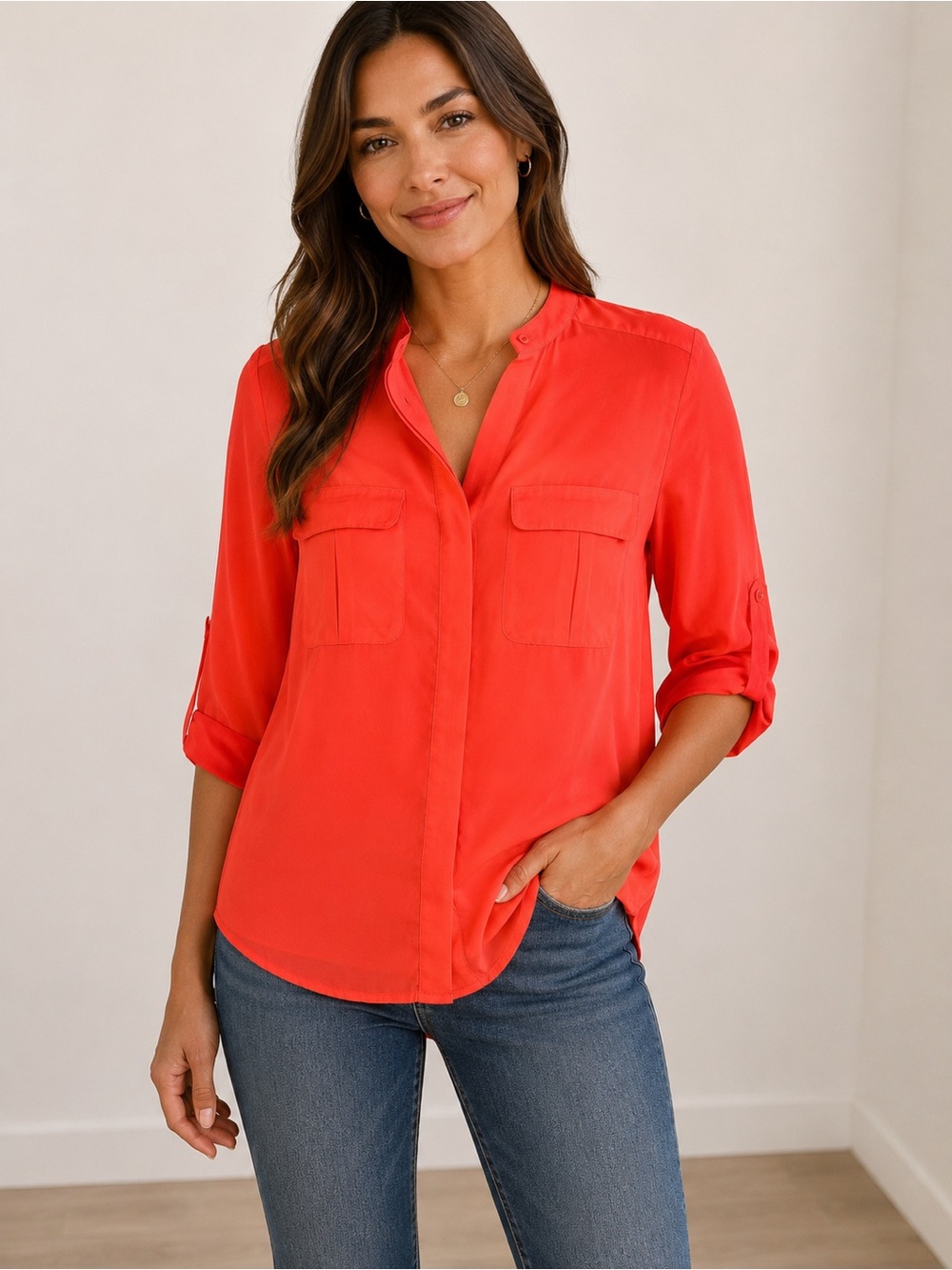 H&M Orange Semi-Sheer Button-Front Blouse
